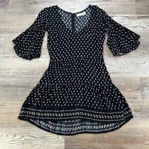 Faithfull the Brand x Anthropologie Black Floral Mini Dress Boho Bell Sleeve